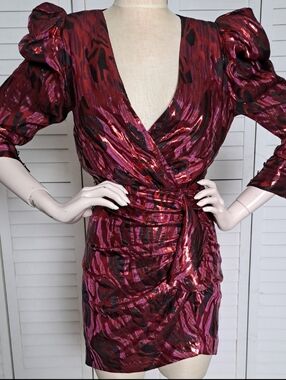 Ramy Brook Annie Metallic Jacquard Faux Wrap Dress Puff Shoulder Cocktail Mini S